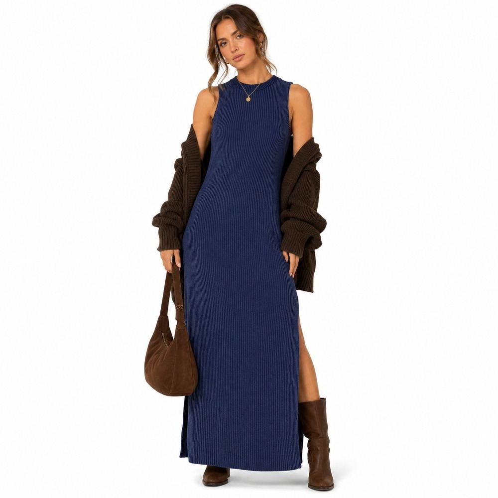 Grace Sleeveless Ribbed Striped Midi Column Dress Navy Blue Minimalist Size L